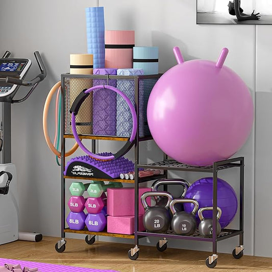 Dumbbell Rack, Yoga Mat Storage Holder, Home Gym Storage Rack, Workout Equipment Storage Organizer, Weight Storage Holder Rack with Hooks and Wheels