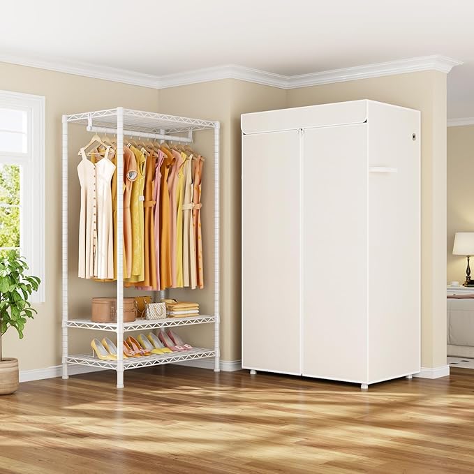 ULIFHOME H5C Clothes Rack with Cover, Portable Closet for Hanging Clothes, Covered Clothing Racks Heavy Duty, Freestanding Garment Racks with Shelves Max Load 360LBS White Closet Rack with White Cover