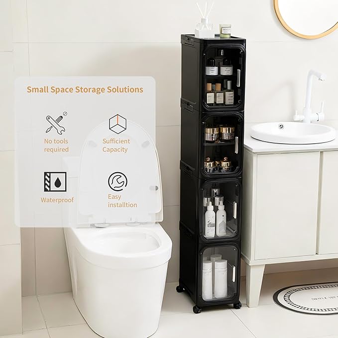 2-Tier Slim Narrow Storage Cabinet with Adjustable Shelves and Movable Wheels, Anti-Tip, Bathroom Storage and Organizers for Small Space, Bathroom, Kitchen, Laundry, Black