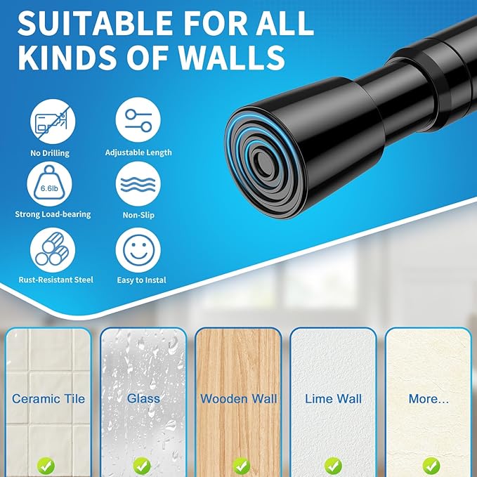 AIZESI 4 Pack Tension Rods for Windows 26.5 to 36 inch, Adjustable Expandable Pressure Spring Curtain Rods No Drilling, Curtain Rods for Kitchen Curtains, Closet, Door, Black