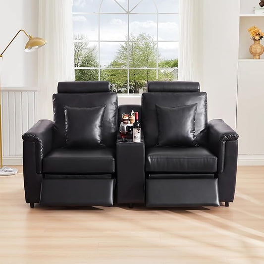 LEVNARY 2-Seater Modular Reclining Sofa with Center Console, Upholstered Faux Leather Power Recliner Loveseat with Cup Holders, USB Charging, Side Pockets & 2 Pillows, Living Room Furniture (Black)