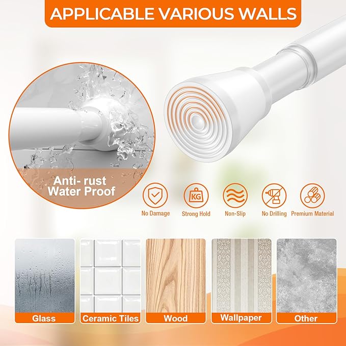 2Pack Tension Curtain Rod 28-48 Inch 7/8" Diameter, Adjustable No Drilling Rustproof White Spring Loaded Curtain Rods for Window, Doorway, Bathroom, Closet, Kitchen, Shower Stall