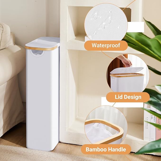 Slim Laundry Hamper with Lid, 63L Laundry Basket with Removable Bag, Oxford Fabric Laundry Bin with Bamboo Handles for Bathroom Bedroom Small Spaces