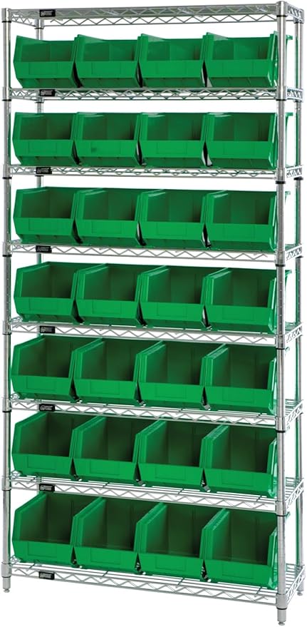 Quantum Storage QUS240 Heavy-Duty Stackable Plastic Storage Bins for Workshop, Warehouse & Garage, Ultra Stack & Hang, 14-3/4" x 8-1/4" x 7", Green, 12-Pack