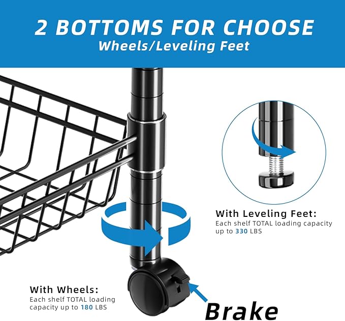 Guan River 3 Tier Rolling Cart Service Cart Wire Basket Shelf Storage Trolley Shelf 2 Bottoms for Choose(Castor or Leveling Feet) for Office,Kitchen,Black(23.23" L x 13.11" W x 32.28" H)
