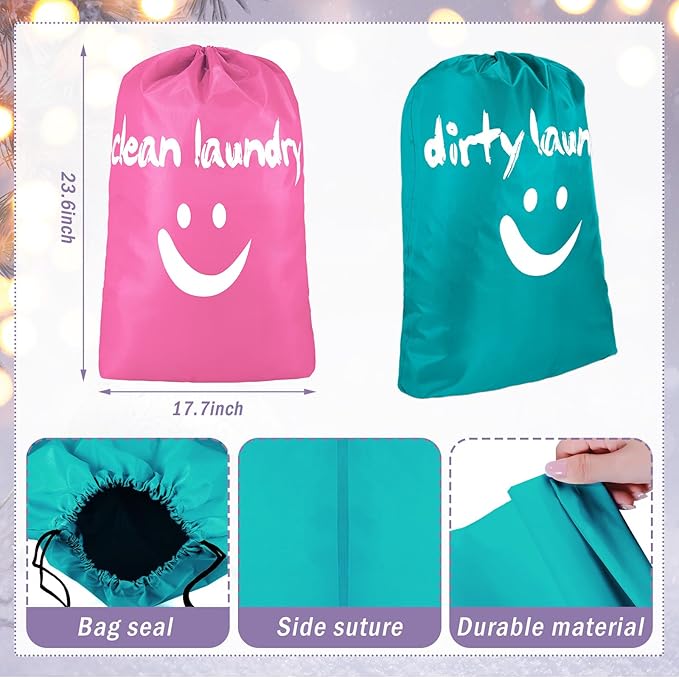 Shappy 2 Pcs XL Clean Laundry Bags Nylon Travel Laundry Bag with Drawstring Machine Washable Dirty Clothes Organizer Bag Storage Bags for Hamper or Basket, 23.6 x 17.7 Inch(Pink, Lake Blue)