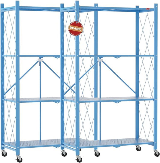 DEANIC 4 Tier Foldable Storage Shelves with Wheels, Large Capacity Shelving Unit, Freestanding Metal Wire Shelf Rack, No Assembly Organizer Rack for Garage Kitchen, Basement, Pantry(Blue Pack of 2)