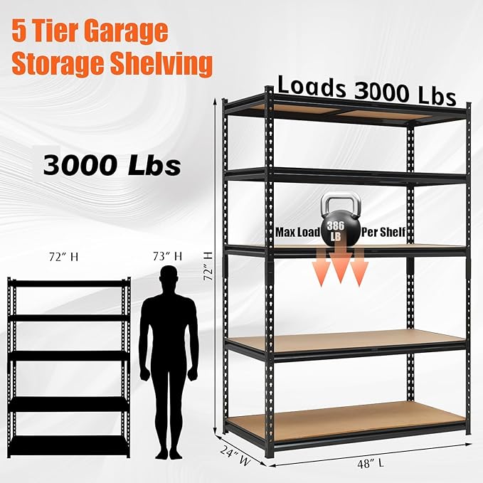 GarveeTech 5-Tier Heavy Duty Garage Shelving Units, 60x24x72 Inch Adjustable Storage Shelves,Loads 2000 LBS,Adjustable Garage Storage Shelving, Metal Storage Utility Rack Shelf Unit