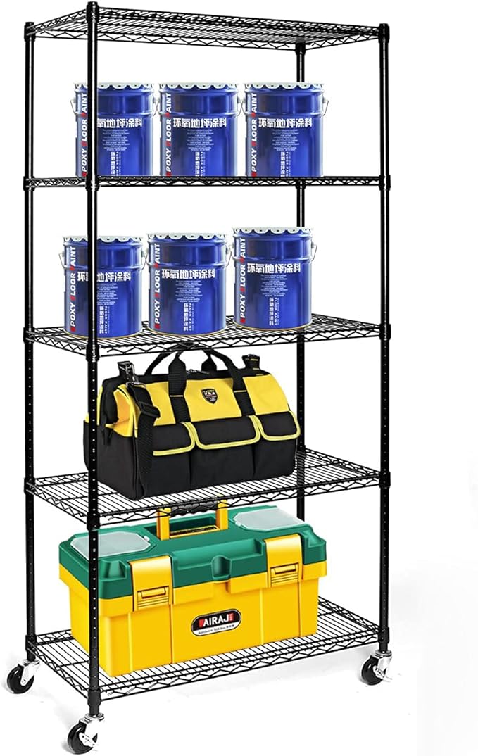 5 Tier Storage Racks Shelving, Heavy Steel Pantry Shelves, Adjustable Wire Shelving Rack with Wheels, Suitable for Garage, Kitchens, Bathroom, Offices, 35.4" W x 18" D x 71" H, Black