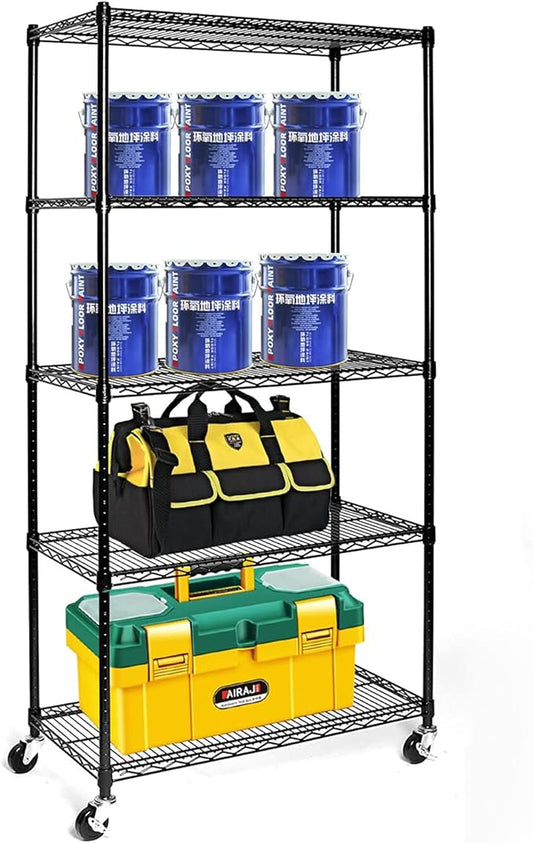 5 Tier Storage Racks Shelving, Heavy Steel Pantry Shelves, Adjustable Wire Shelving Rack with Wheels, Suitable for Garage, Kitchens, Bathroom, Offices, 35.4" W x 18" D x 71" H, Black