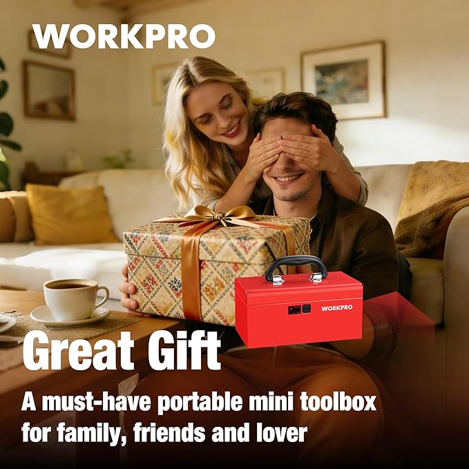 WORKPRO 10.8" Portable Mini Metal Tool Box with Removable Color-Matching Tray, One-Button Latch Toolbox, Steel Tool Chest with PP Handle, Compact Storage Organizer for Home, Office or Workshop