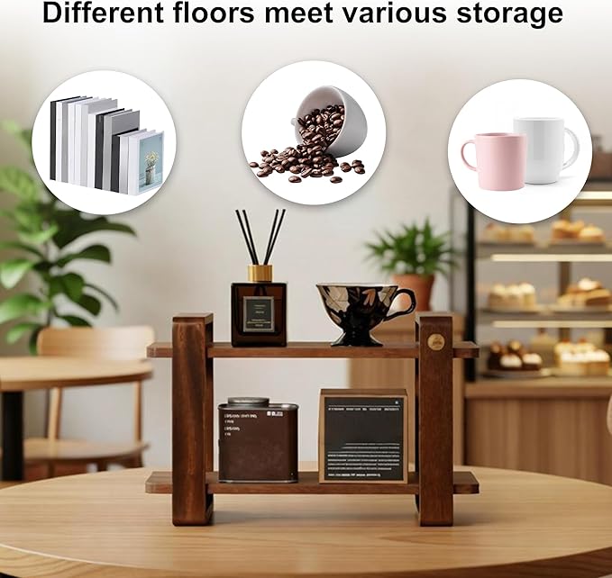 Coffee Station Organizer for Kitchen Walnut Wooden Countertop Mug Holder 2 Tier Wooden Cup Organizer Stand Shelf