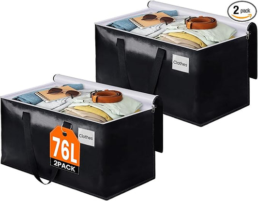 BlissTotes Moving Bags, Heavy Duty Moving Boxes with Zippers Top and Sturdy Handles, Storage Bags for Space Saving and Packing, Collapsible Moving Supplies, Storage Totes (76L, 2-Pack, Black)