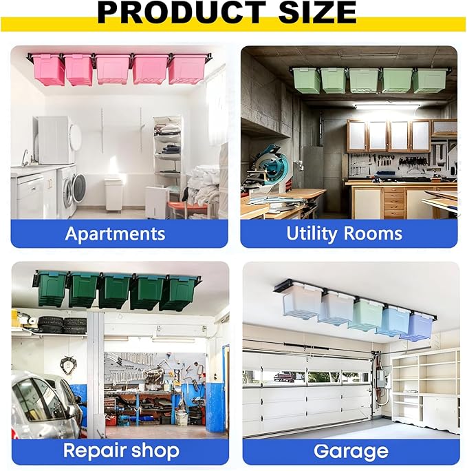 Yuleimy Overhead Garage Storage Rack 4-Pack - Heavy Duty Garage Ceiling Storage Racks for Tote Containers - 17" Adjustable Tote Rack 27 Gallon Storage System, Hanging Bin Ceiling Mount Rails