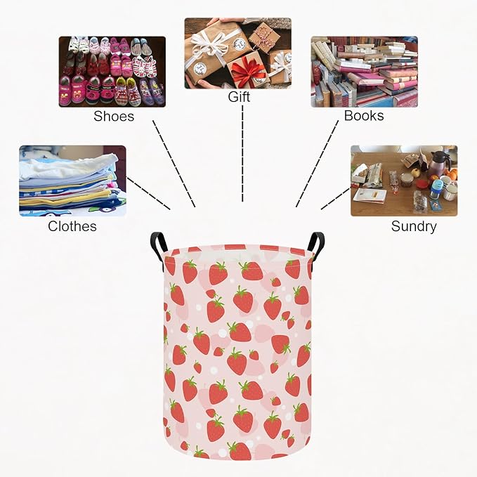 HUNRUNG Collapsible Fabric Storage Basket, Waterproof Laundry Hamper with Handles, Round Storage Bin for Clothes Toys, Foldable Organizer for Bedroom Nursery Bathroom(Round-Pink Strawberry)