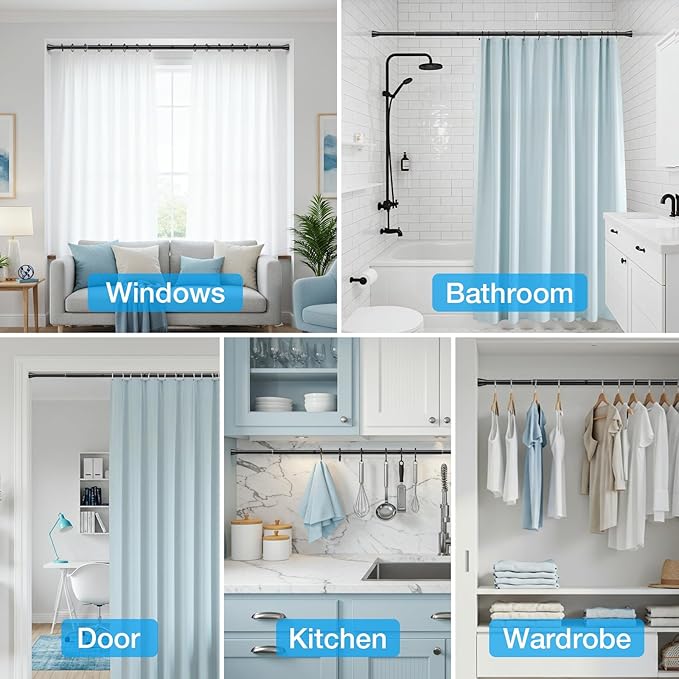 MEXAU 2pcs Shower Curtain Rod 44-77 inch Black Tension Rod Shower rod Non Slip Tension Curtain Rod Adjustable Curtain Rods No Drilling Shower Rods for Bathroom Windows Closet