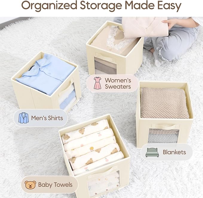 Homsorout Storage Cube 11 Inch - Cube Storage Bins with Window, Closet Storage Baskets with Handle, Fabric Bins for Closet, Shelves, Toys, Clothes, Set of 14, Beige