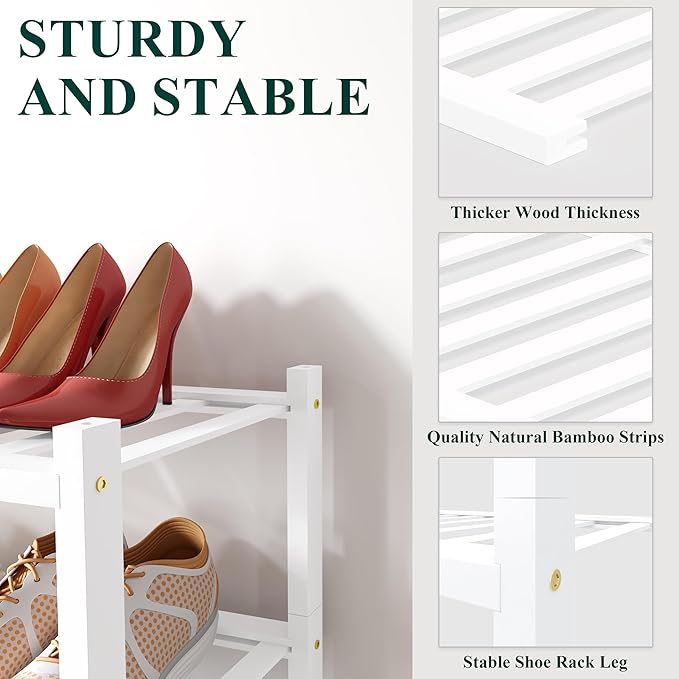 Smiry Shoe Rack, 2 Tier Small Bamboo Shoe Organizer, Stackable Free Standing Wooden Shoe Storage Shelf for Closet, Entryway, Front Door Entrance, White