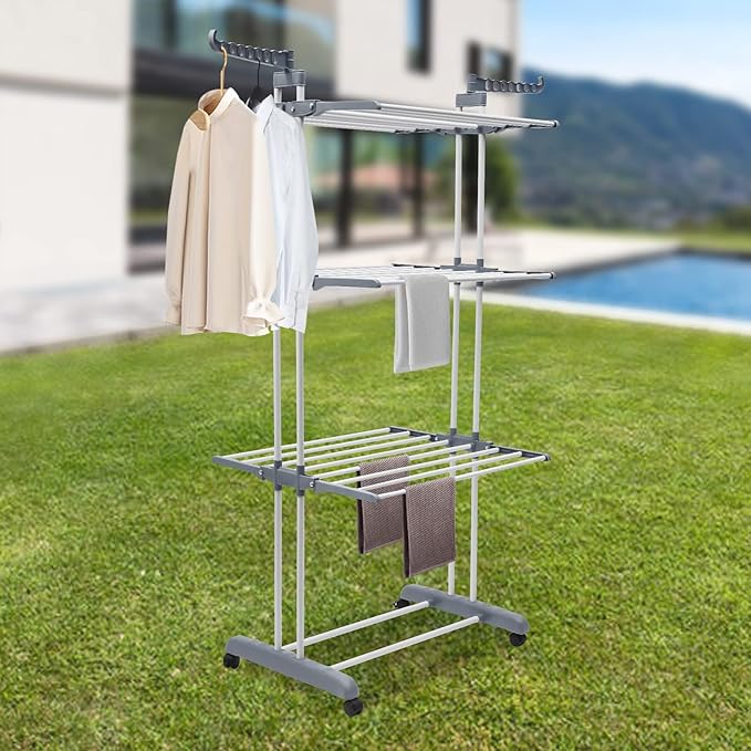 Clothes Drying Rack, 4-Tier Foldable Stainless Steel Drying Rack, Movable Laundry Drying Rack with 4 Casters (2 with Brakes), Heavy-Duty Drying Rack for Indoor Outdoor Use, Balcony, Patio, Bathroom