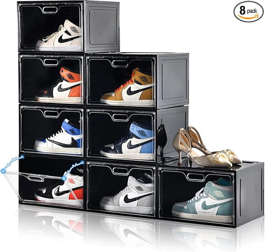 Amllas 8 Pack Shoe Boxes Black Plastic Stackable, Large Shoe Storage Organizer,Drop Side Front Shoe Containers for Entryway,Sneaker Storage Fit up to US Size 13 for Men/Women(13’’x 10.6”x 8.3”)
