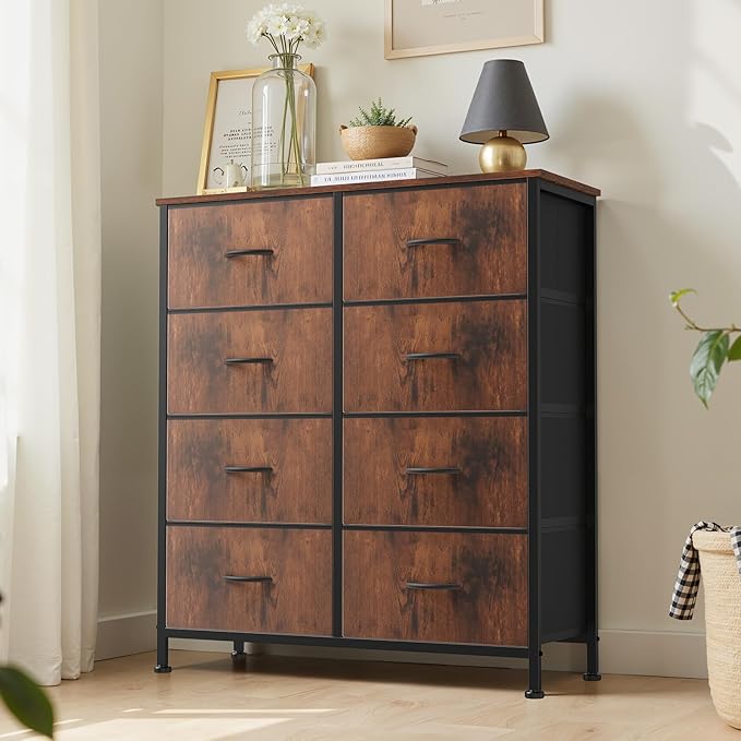 Sweetcrispy Dresser for Bedroom with 8 Storage Drawers, Large Fabric Storage Tower Organizer, Chest of Drawers with Metal Frame Wooden Top for Closet, Living Room, Entryway, Tank