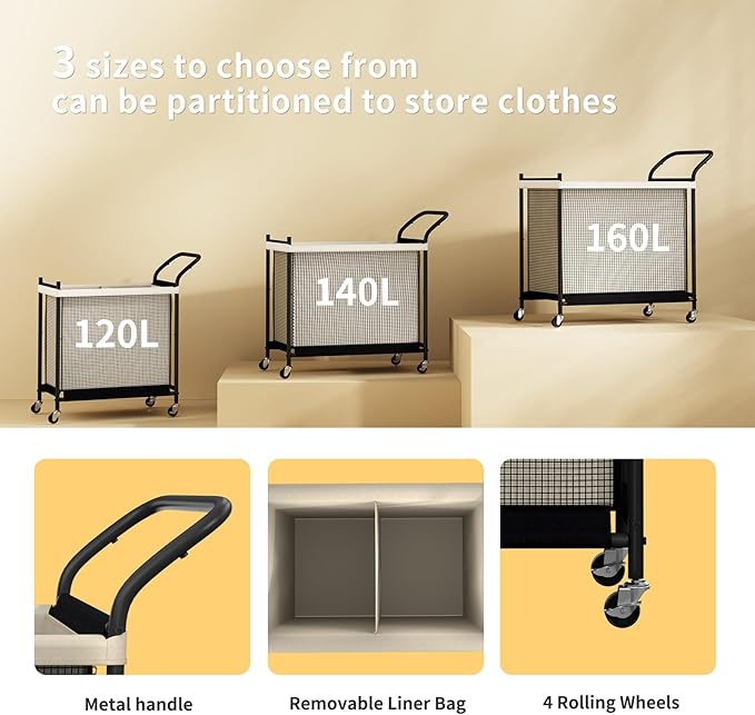 Laundry Hamper with Wheels,Laundry Basket with Removable and Washable Liner Bag, Metal-frame Laundry Cart with Handle for Bedroom, Bathroom, Dorm Room, Laundry Room (160L)
