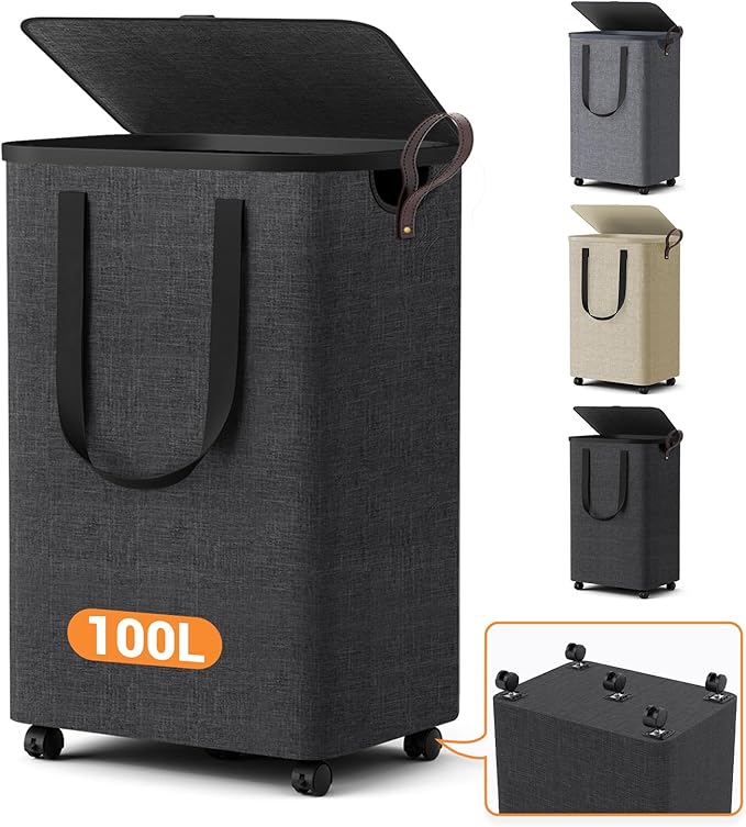 Laundry Basket with 5 Wheels, Tall Dirty Laundry Hamper, Rolling Laundry Basket with Lid, Large 100L Collapsible Clothes Hamper for Laundry Room Bedroom Bathroom Dorm, Dark Gray