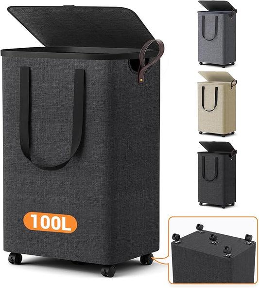 Laundry Basket with 5 Wheels, Tall Dirty Laundry Hamper, Rolling Laundry Basket with Lid, Large 100L Collapsible Clothes Hamper for Laundry Room Bedroom Bathroom Dorm, Dark Gray