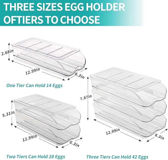 RoskDeewat Egg Holder for Fridge, Automatically Rolling Egg Container for Refrigerator, Clear Plastic Fridge Organizers and Storage with Lid, Stackable Egg Dispenser & Tray (3 Tier)