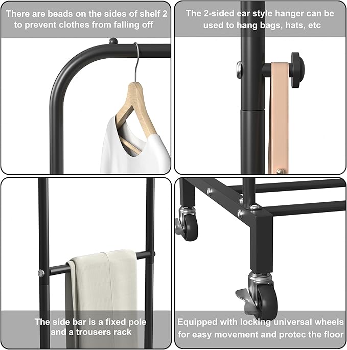 Sooyee Double Rod Clothing Rack with Wheels, 3 Tier Garment Racks for Hanging Clothes, Portable Clothes Rack with 4 Hooks for Bedroom, Laundry Room, Black