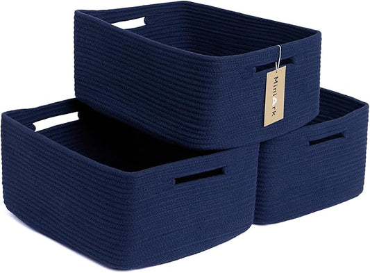 MiniArk Large Storage Baskets for Shelves, Closet Organizers Bins for Clothes Blanket Towels, Baby Nursery, Toy Baskets Box, Woven Rope Baskets, 17 x 13 x 7.5”, 3 Packs Navy Blue