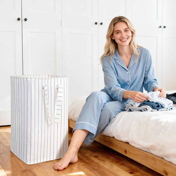 Laundry Hamper Collapsible Laundry Baskets, Freestanding Waterproof Clothes Hamper with Reinforced Handles in Laundry Room Bedroom Bathroom College Dorm for Adults, Blue 11.8"×15.7"×23.6"