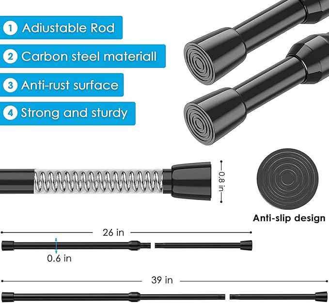 MEXAU 3Pcs Tension Curtain Rod 26-39 inch Spring Tension Rod, Black Tension Rod Adjustable Curtain Rod, Small Tension Rod Curtain Tension Rod for Kitchen, Bathroom, Window, Bookshelf,Closet.