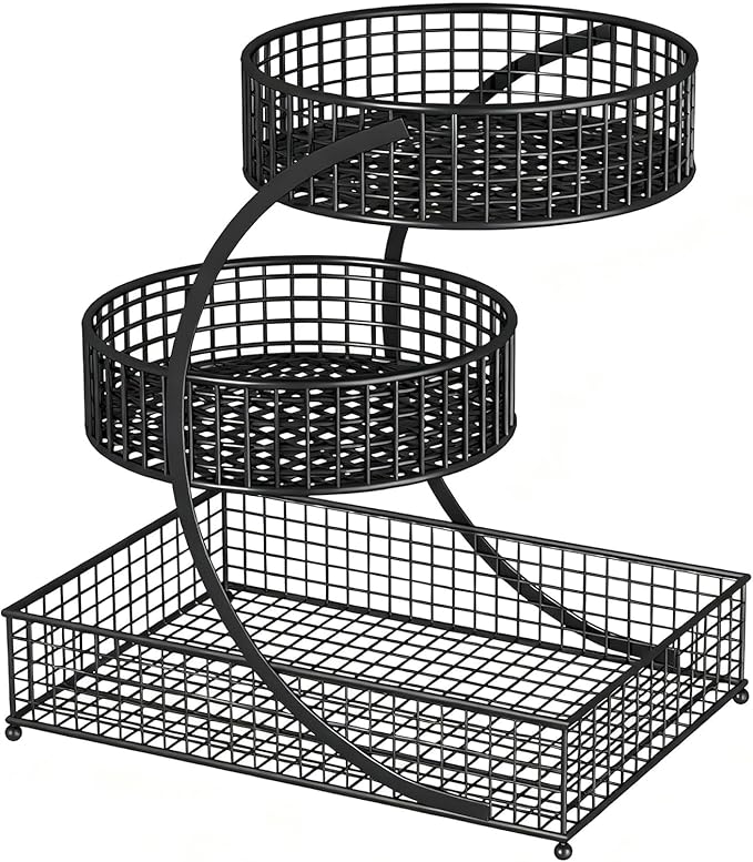 3-Tier Metal Multi-Functional Organizer Basket | Makeup, Skincare, Fruit & Spice Storage Rack | Countertop Vanity, Bathroom & Kitchen Organizer Holder | Stylish Black Wire Shelf (Black)