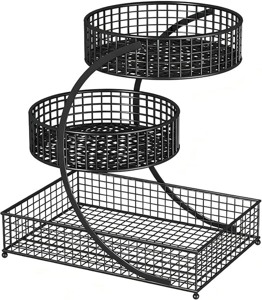 3-Tier Metal Multi-Functional Organizer Basket | Makeup, Skincare, Fruit & Spice Storage Rack | Countertop Vanity, Bathroom & Kitchen Organizer Holder | Stylish Black Wire Shelf (Black)