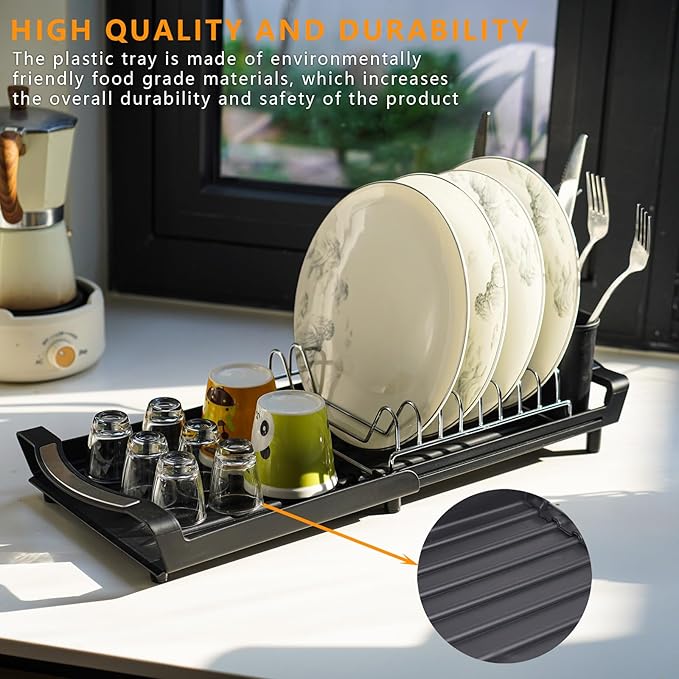 Over The Sink Dish Drying Rack, Adjustable Expandable Kitchen Sink Organizer (11.42-19.9 Inch), Heavy Duty Metal Dish Drainer with Utensil Holder, Space Saving, Black
