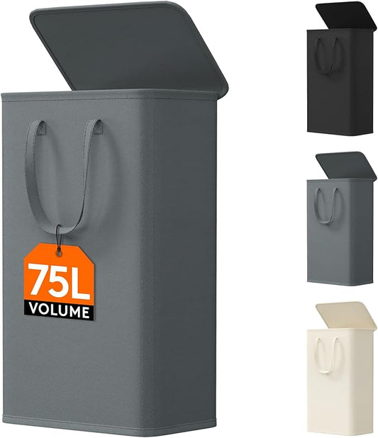 Lifewit 75L Slim Small Laundry Hamper, Laundry Basket with Lid, Dirty Collapsible Clothes Storage with Easy Carry Extended Handles, Tall Hampers for Bedroom Laundry Room, Gray, 1 Pack