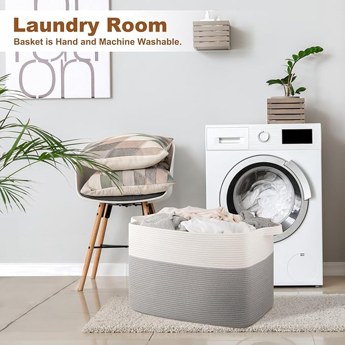 OIASKET XXXL Supre Large Blanket Basket for Clothes, Towels, Pillows, 108L Cotton Rope Storage Basket for Living Room, Woven Toy Storage for Kids, 25" x 16" x 16", Grey and White