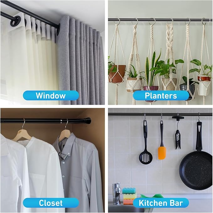 MEXAU 4pcs Tension Curtain Rod for Windows 27 to 50 Inch，Spring Tension Rods Black Curtain Rods Adjustable Spring Rod Extendable Tension Rod for Kitchen, Bathroom, Window, Bookshelf