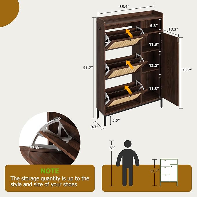 GarveeHome Shoe Cabinet Rattan with 3 Flip Drawers and 4-Tier Shoe Storage Cabinet, Freestanding Shoe Organizer with Adjustable Shelves for Entryway, Closet, Hallway