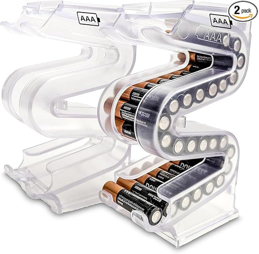 Battery Ladder Organizer Case for AAA Batteries - Stackable or Mounted Vertical Storage Battery Dispenser for Home, Garage, & Workshop (2-Pack, Holds 56 AAA Batteries Total)