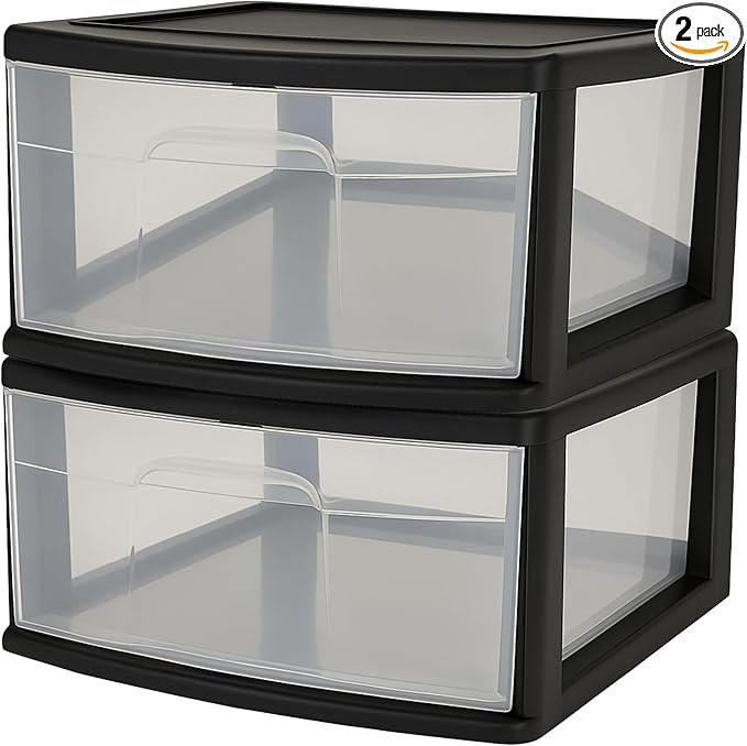 HOMZ 2-Pack 1-Drawer Storage Cart, Clear Plastic Container, 15" Wide Body, Black Frame - Organizing Drawer Containers for Home, Bathroom, Bedroom, Office, and Classroom