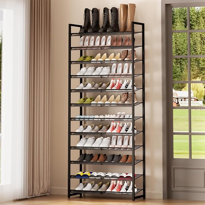 Shoe Rack, 12-Tier Metal Shoe Organizer, Tall Shoe Rack for Closet,entryway,Garage, with Adjustable Flat or Angled Shelves, 52-60 Pairs,Shoes that can accommodate The Whole Family.