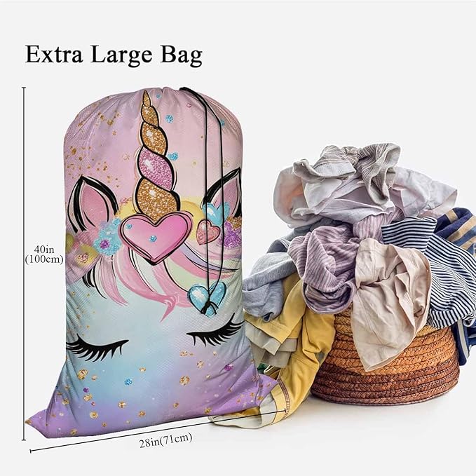 Swono Unicorn Laundry Bags with Locking Drawstring Closure 28" x 40", Colorful Sparkle Diamonds Heart Shapes Long Eyelash Versatile - Multi Use, Pink Blue