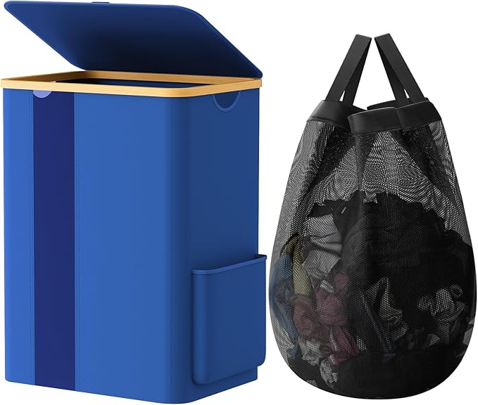 SpaceTrove Laundry Basket Clothes Hamper with Lid and Pocket Large Collapsible Laundry Baskets with Handle, Blue Freestanding Hampers for Bedroom Aesthetic, Dorm, Bathroom, Laundry Room (80L)