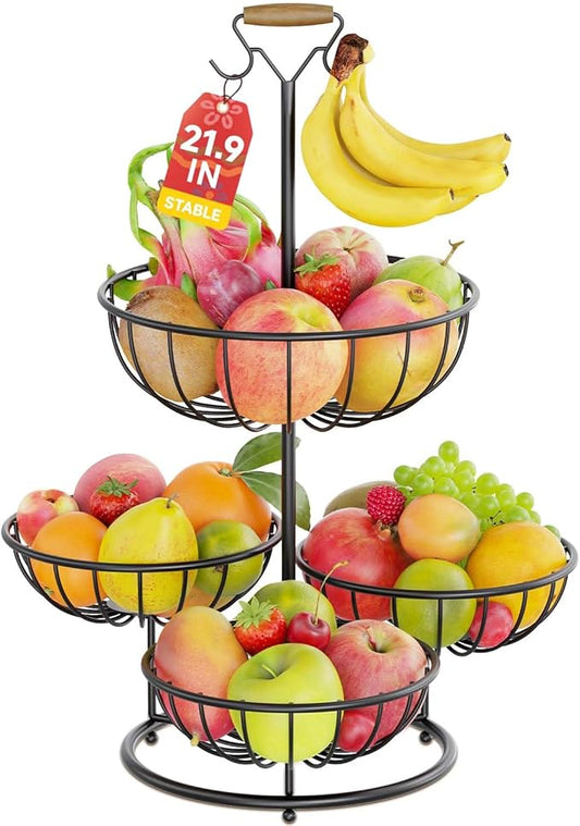 PouHenier.jh 4 Tier Fruit Bowl Basket with Banana Hangers, Kitchen Counter Metal Round Produce Holder, Stable Vegetable Countertop Stand Organizer, Corner Multi Tiered Storage Rack, Sturdy Base, Black