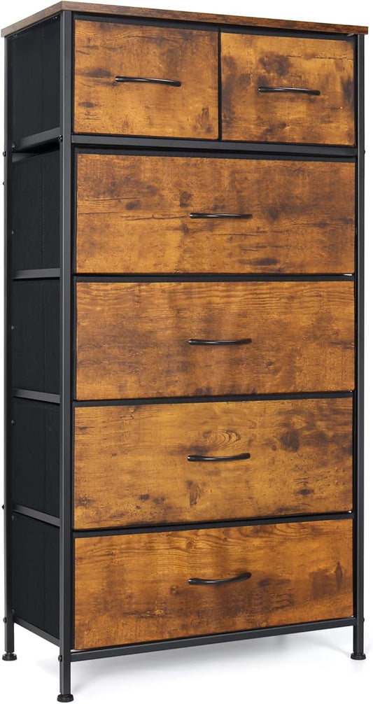 Mifuro Tall Dresser for Bedroom, Vertical Storage Organizer Tower with 6 Drawers, Chest of Drawers with Fabric Bins, Steel Frame, Wood Top for Bedroom, Closet, Entryway- Rustic Brown
