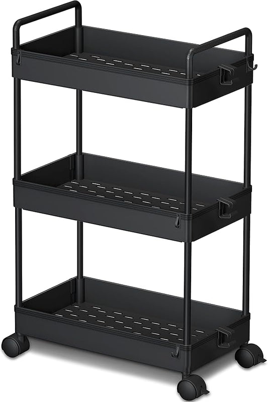 Ronlap 3 Tier Slim Rolling Storage Cart with Wheels Plastic Utility Cart Organizer for Snack Craft Art Postpartum Baby Diaper Nail Makeup in Bathroom Laundry Room Kitchen Bedside Narrow Space, Black