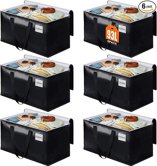 BlissTotes Collapsible Moving Bags - Heavy Duty Boxes with Zippers and Handles, Space Saving Packing Totes for Moving Supplies Storage (93L, 6-Pack, Black)