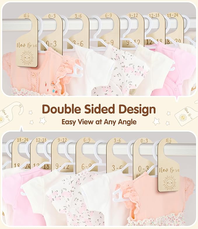 MEILIDY Baby Closet Dividers, Wooden Double Sided Nursery Clothes Size Separators for Newborn to 24 Months, Neutral, 7 Pcs